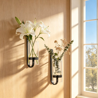 2 Piece Iron and Glass Wall Hanging Flower Vase Set with Borosilicate Glass Tubes and Sturdy Metal Plant Stand for Home, Office, and Wedding Decoration