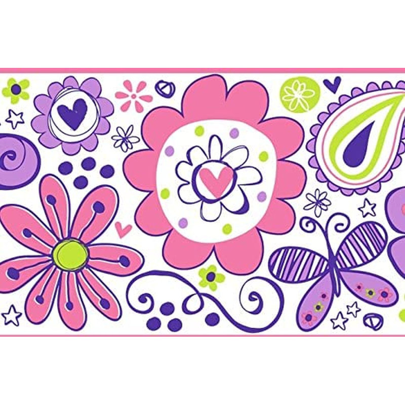 Bordure de papier peint fleurs papillons L 15 pi x l 9 po, Rose / mauve / vert