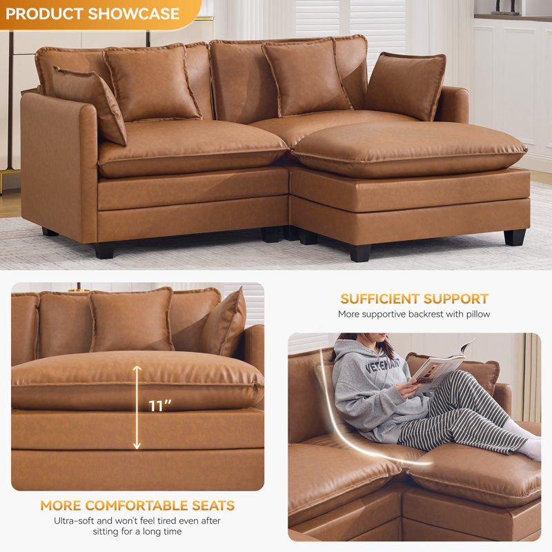 Canapé modulaire à assise profonde Cloud, 2 places + 1 repose-pieds, Marron clair