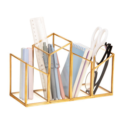  Porte-stylo en verre à 4 compartiments à angle avec bordure en cuivre, organisateur de bureau pour fournitures et accessoires de bureau, verre et cuivre, transparent