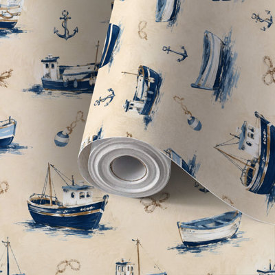 Peel and Stick Wallpaper Contact Paper Seamless Nautical Blue Boats Self Adhesive and Removable 24in x 118in(60x300cm)