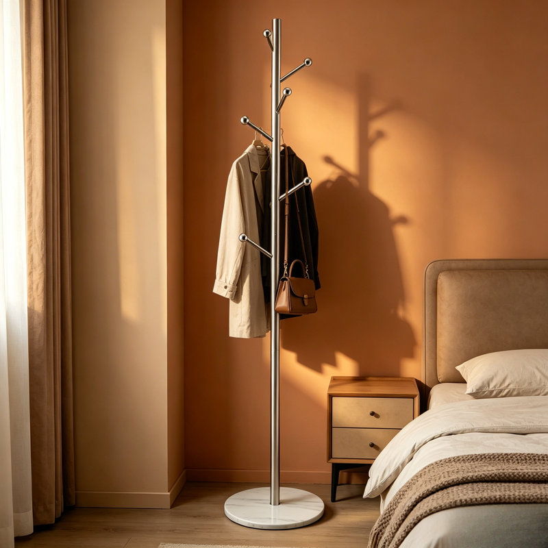 Portemanteau autoportant moderne en métal argenté avec base ronde en marbre blanc, 8 crochets multi-angles en forme d'arbre et porte-chapeaux pour vestibule