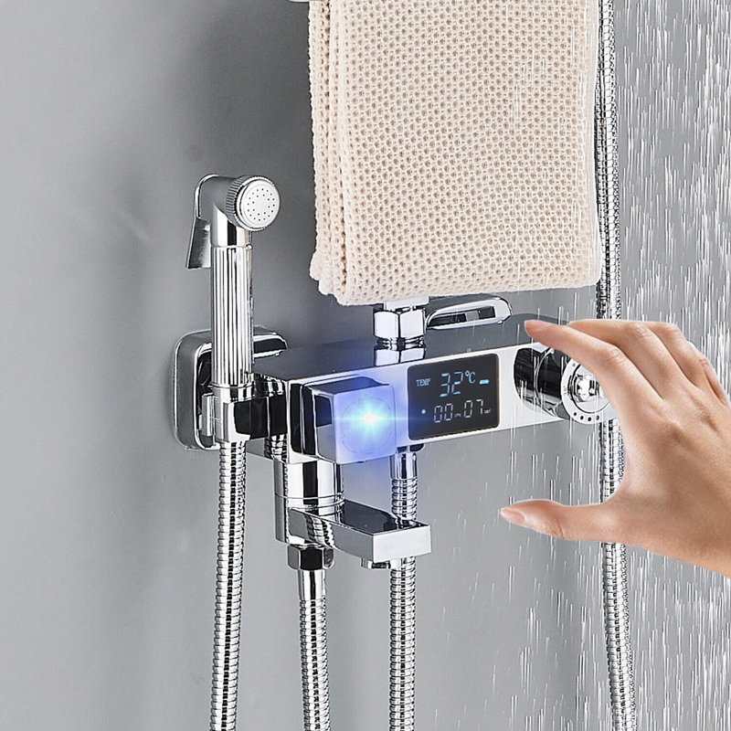 Thermostatic EXposed Bathroom Shower Mixer Twin Head Large Bar Set Square Valve