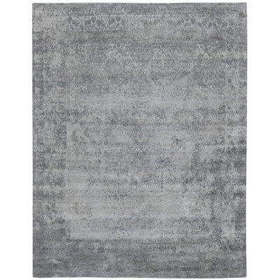 Tapis gris en laine noué à la main à motif abstrait Geirrod
