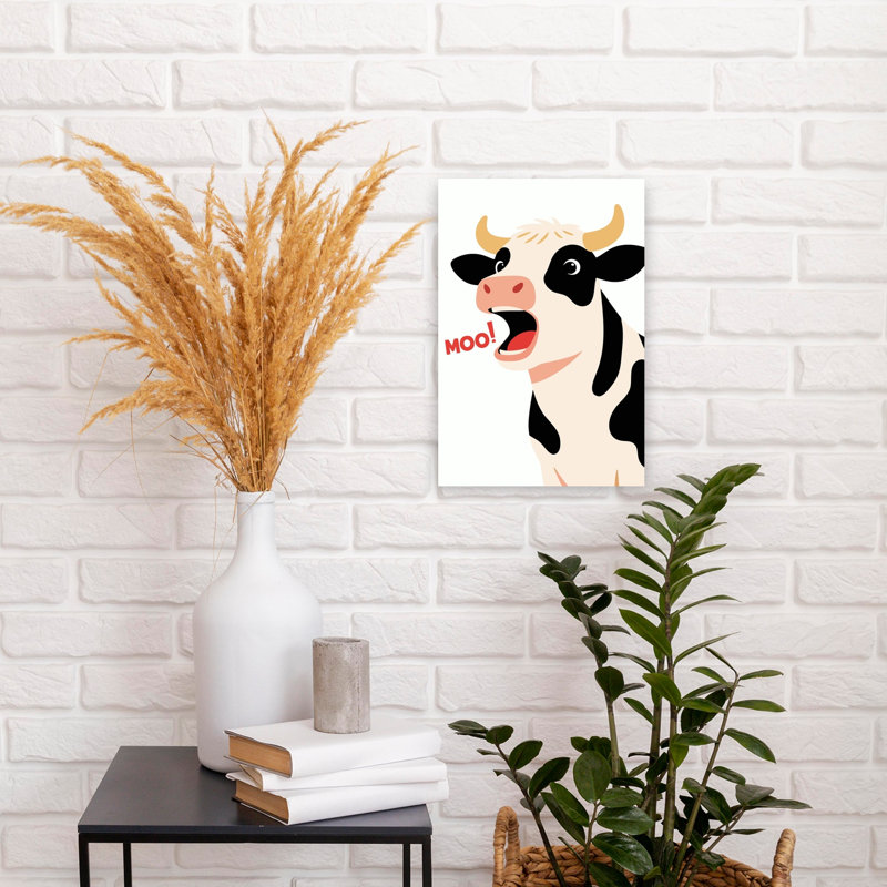 Vache drôle et meuglante - Illustration abstraite contemporaine représentant une vache dans un paysage naturel, 18" H x 12" W