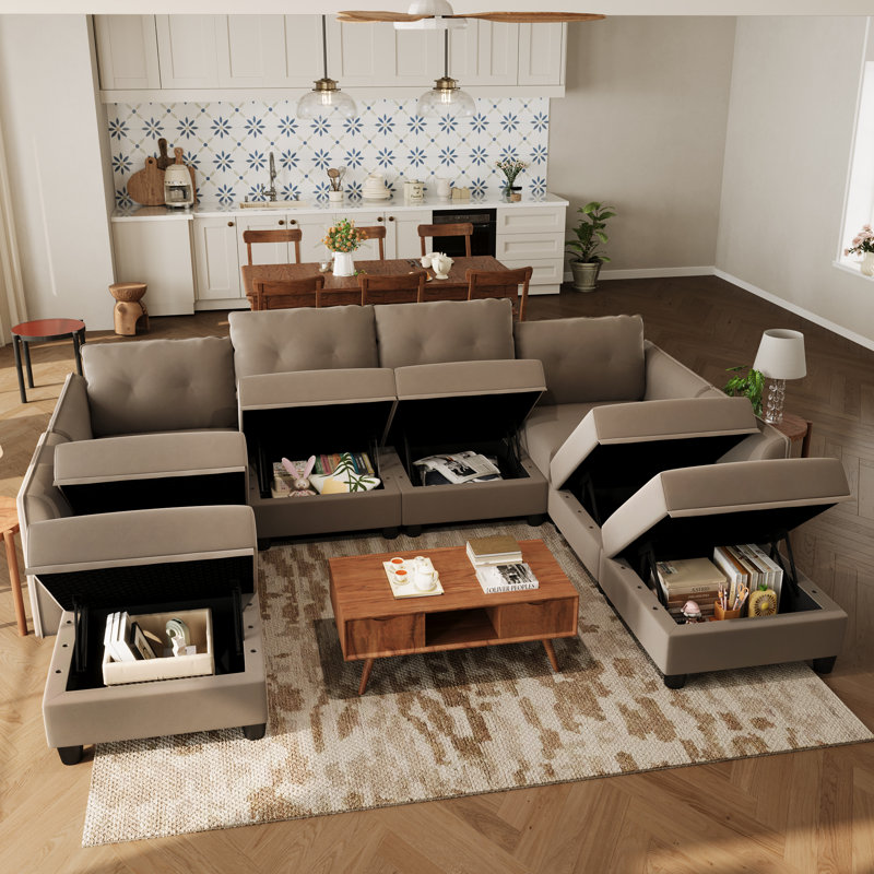 Tomario 8- Piece Upholstered L-Shaped Modular Sectional With Storage Ottoman, Brown Polyester
