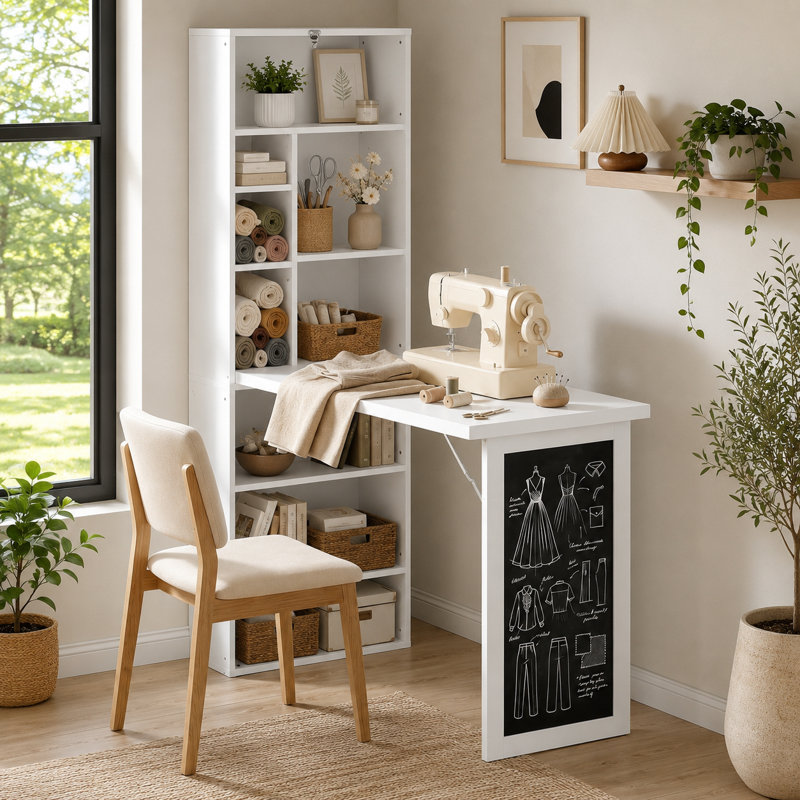 Bureau d'ordinateur mural blanc, pliable et multifonctionnel avec tableau noir intégré et tablettes de rangement latérales, avec une surface de travail convertible.