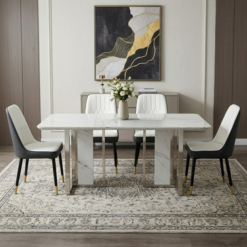 Spacious Marble-Patterned Rectangular Dining Set With Faux Leather Chairs, 7 Pieces: Table, 6 Chairs, Beige/Dark Gray