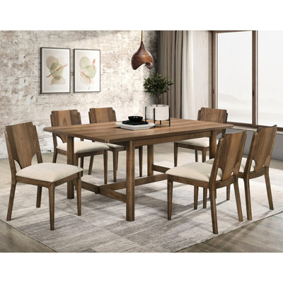 Walnut 7 Rectangular Dining , Mid-century Modern Style, Trestle Table, Beige Seating Ambiance, Base, Upholstery For 6