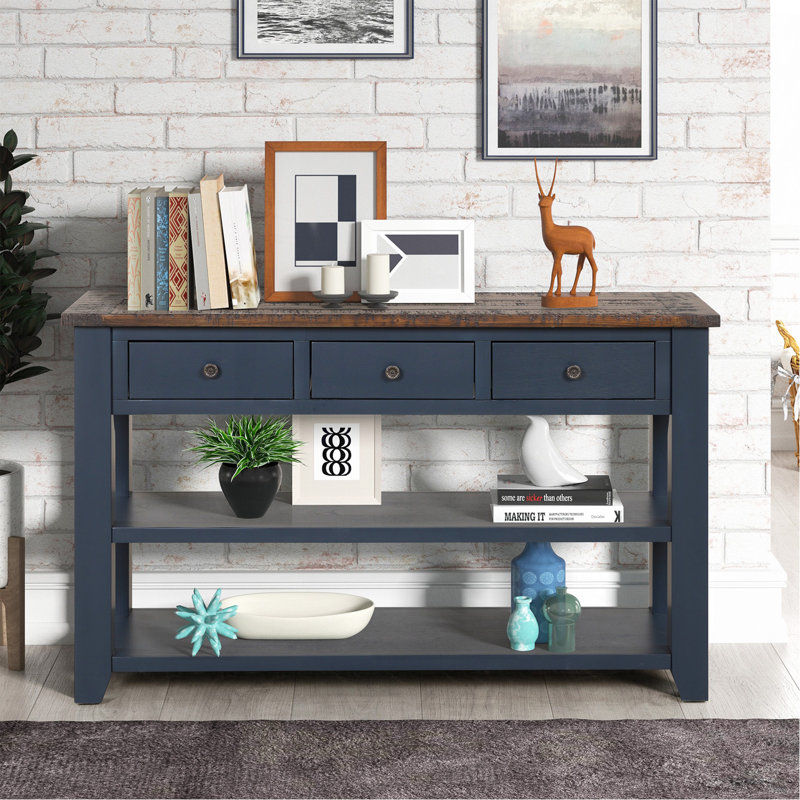 Console en bois de pin massif 48 po, table d'appoint moderne avec 3 tiroirs de rangement et 2 tablettes. Facile à assembler (bleu marine + plateau brun)