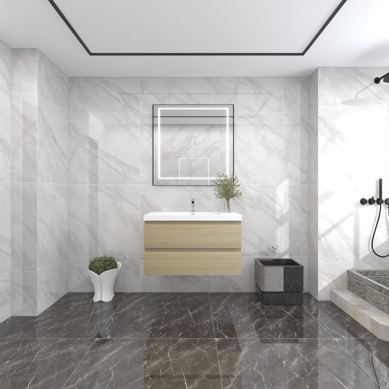 Ensemble de meuble-lavabo mural simple l 36 po Deboser, Chêne blanc