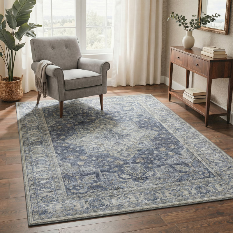 Tapis d'intérieur bleu à motif antidérapant Caelum, Rectangle 6 pi x 9 pi