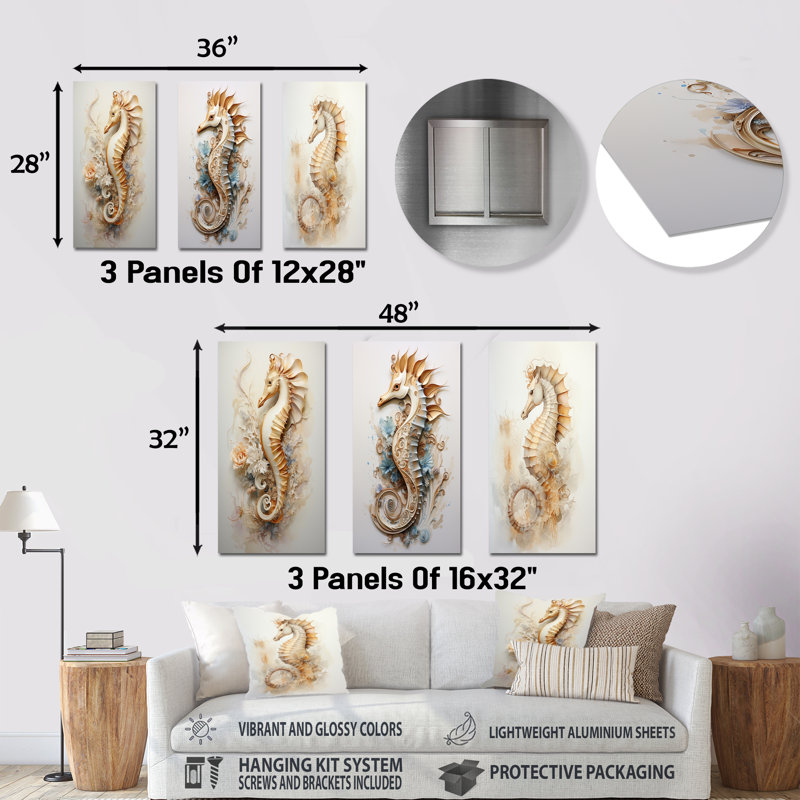Hippocampe magique beige - ensemble de 3 reproductions d'art en métal hippocampe, H 28 po x l 36 po
