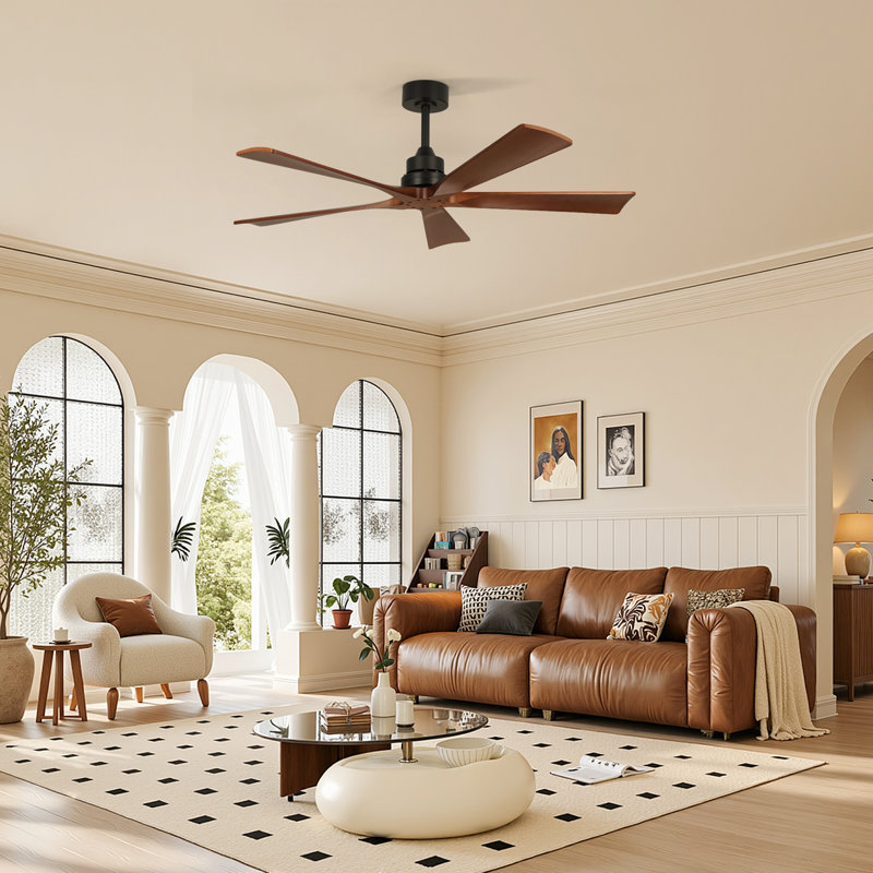 Ventilateur de plafond intérieur Karlena 52 po à 5 pales en bois massif avec télécommande, moteur CC réversible silencieux et 6 vitesses