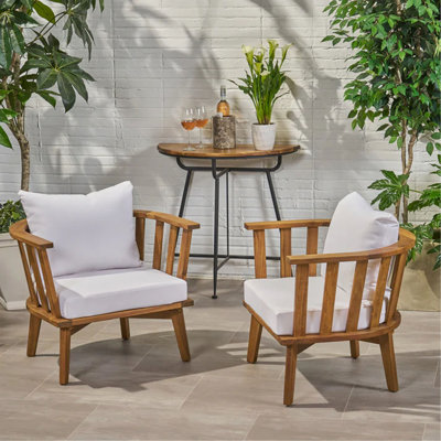 Ensemble de 2, fauteuil club d'extérieur en bois d'acacia, meubles de patio en bois, coussins épais et imperméables pour porche, jardin, cour arrière, balcon, capacité de poids de 400 lb, finition teck, blanc