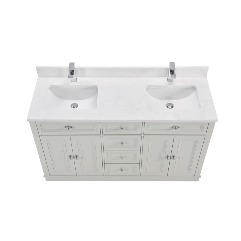 60" Solid Wood Sink Vanity With 1" Artificial Stone Top, Silver Strand, Polished Chrome