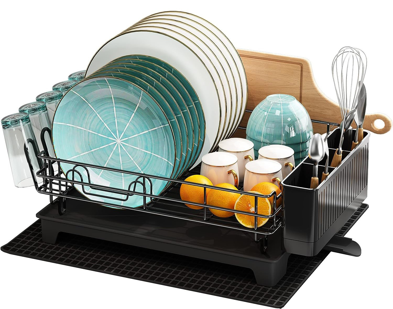 Large Dish Drying Rack with Drainboard Set Steel 2 Tier Dish Rack with  Drainage for Kitchen Counter Dish Drainers with Wine Glasses Holder,  Utensil Holder and Extra Dryer Mat 