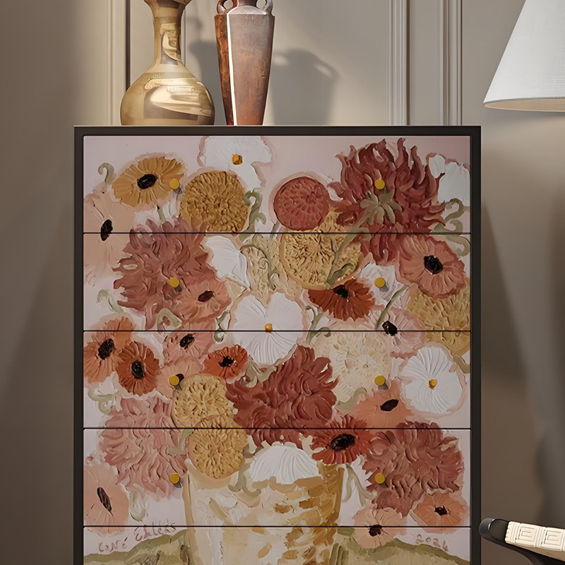 Commode de rangement 5 tiroirs Vintage Floral, Noir