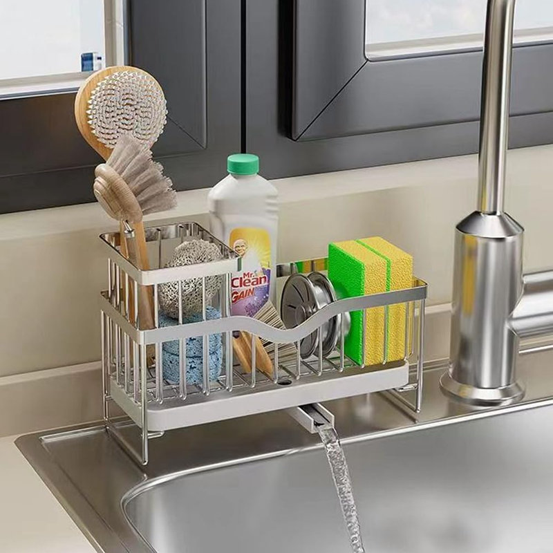 Organisateur d'évier en acier inoxydable argenté - Conception innovante et de haute qualité, polyvalente pour la cuisine et la salle de bain