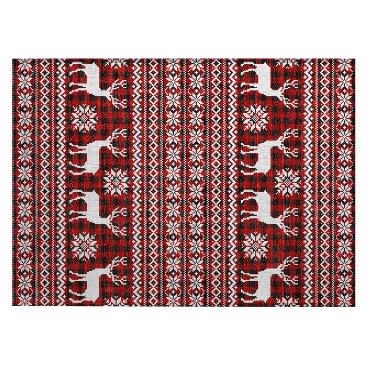 Machine Washable Indoor/Outdoor Christmas Reindeers Xhevrie Red Rug