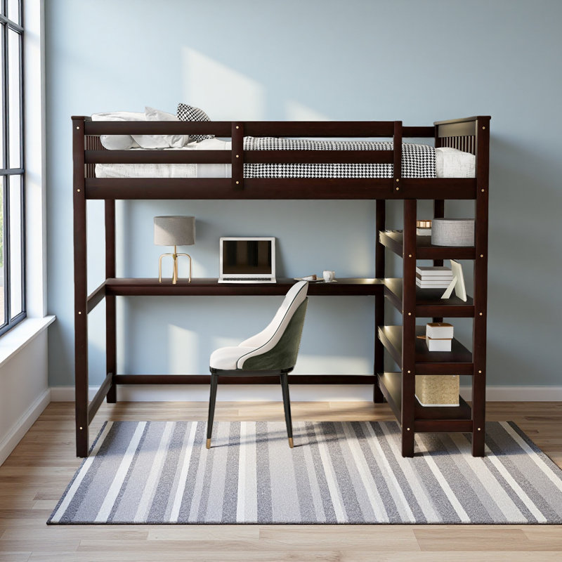 Lit mezzanine double avec tablettes de rangement et bureau sous le lit, Espresso