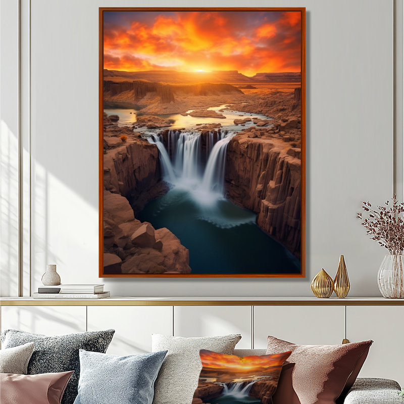 «Sunset On Shoshone Falls Idaho», reproduction d'art sur toile, H 44 po x l 34 po x P 1,5 po, Cadre flottant brun