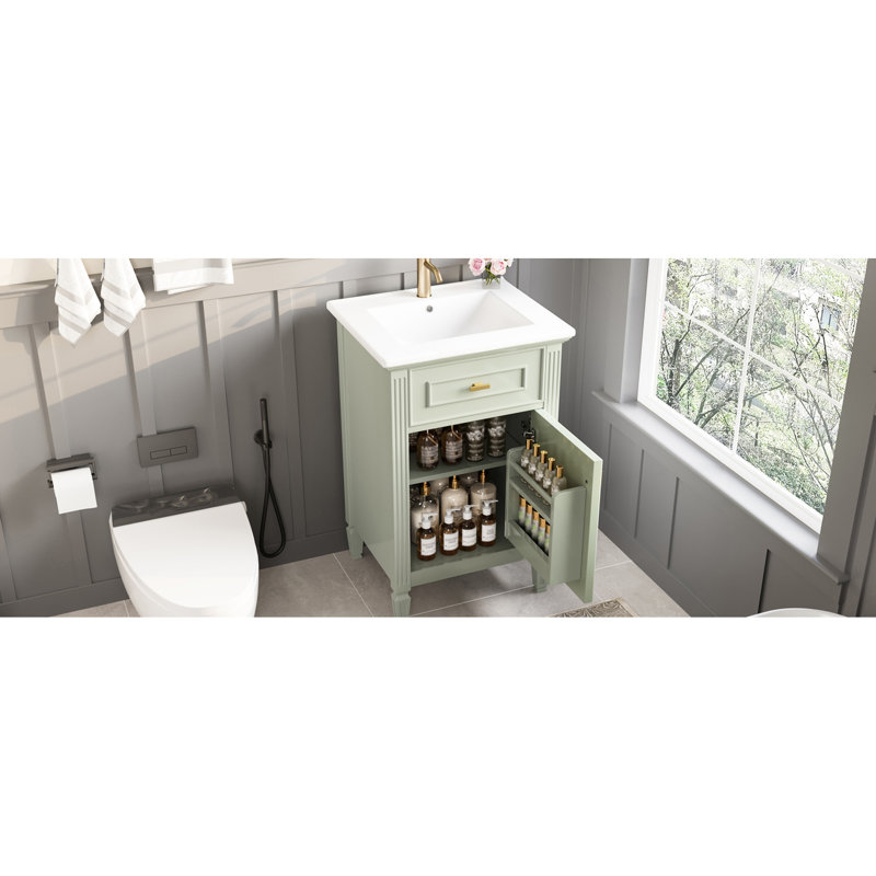 Meuble-lavabo de 20 po avec lavabo, tablette réglable, tiroir inclinable et bois d'hévéa pour les petits espaces de vie