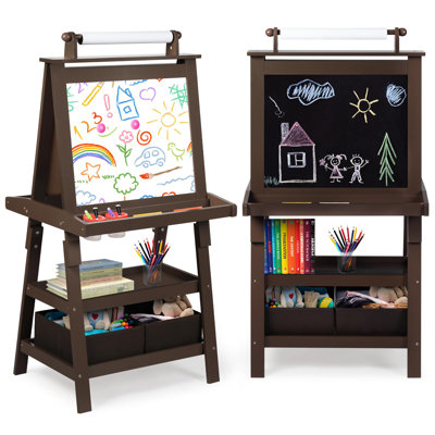 3 in 1 Kids Art Easel w/Storage Double-Sided Magnetic Whiteboard & Chalkboard Dry-Erase Board w/Paper Roller