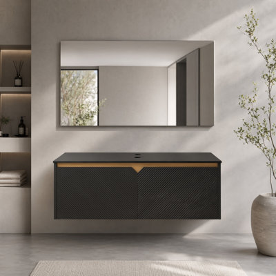 Meuble-lavabo mural moderne 48 po avec comptoir en pierre frittée, contreplaqué durable, sans lavabo (grain de bois de chêne brun / noir)