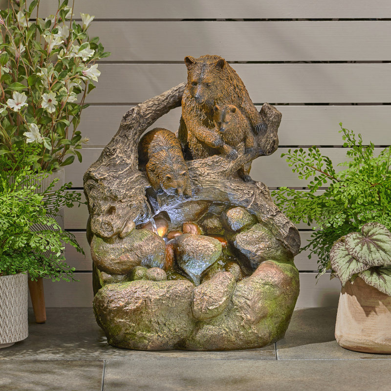 24.75" High CALLAN FOUNTAIN Weather Resistant Floor Fountain with Light, Light Brown + Moss