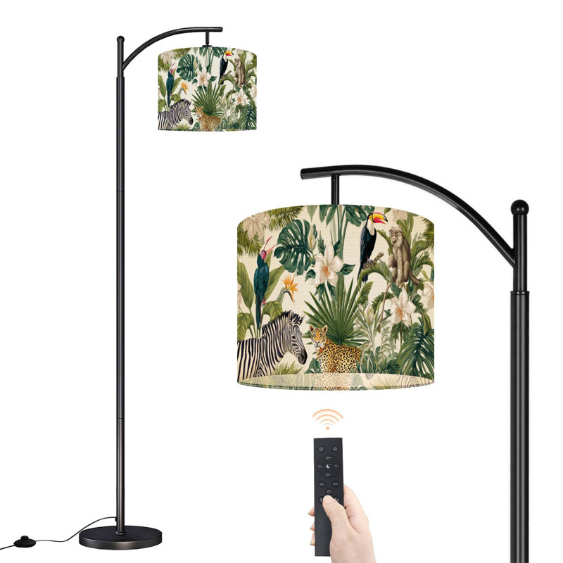 Lampe sur pied à arc avec abat-jour réglable arbres exotiques animaux jungle tropicale singe zèbre lampe sur pied 3 températures de couleur à intensité variable haute lampe sur pied avec interrupteur au pied pour la chambre à coucher