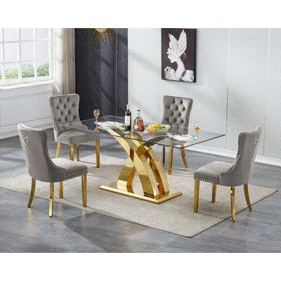 Glass Dining Table Set with Upholstered Dining Chairs, 70" Rectangle Kitchen Table and Chair Set, Clear Glass Dining Room Table Set, Modern Home Kitchen Furniture