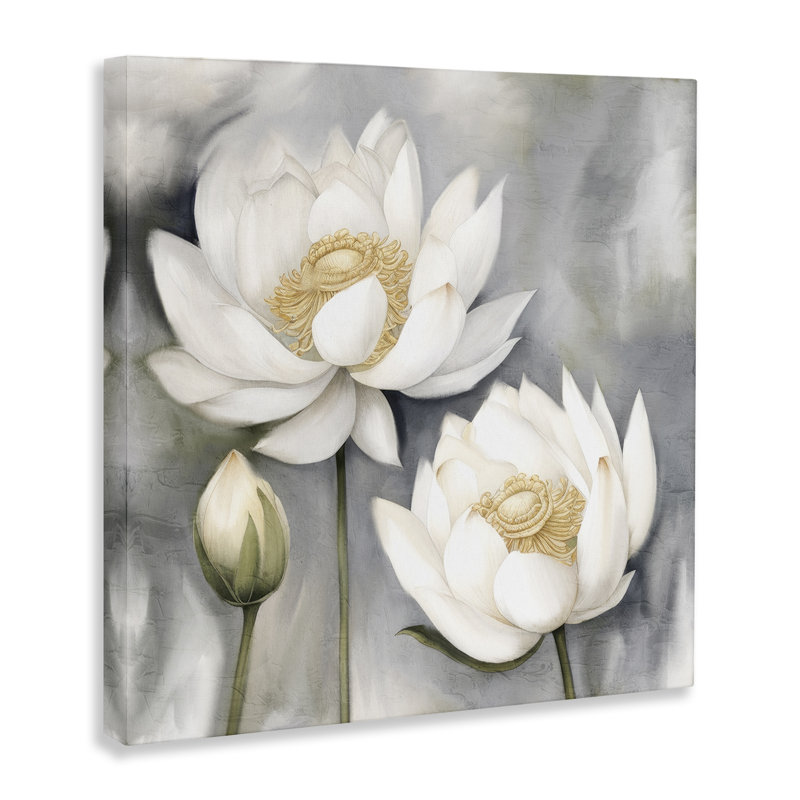 "Lotus blanc sur toile grise" par Kim Allen, H 36 po x l 36 po