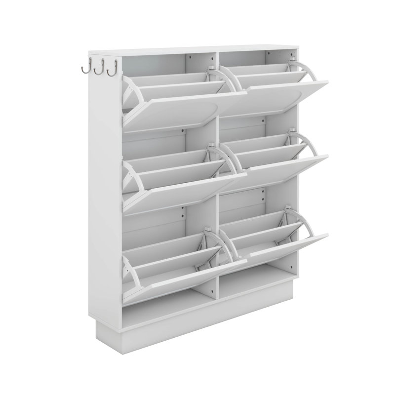 Modern Narrow Shoe Cabinet With 6 Flip-Down Drawers, Space-Saving Entryway Organizer, Adjustable Shelf, 3 Hooks, White