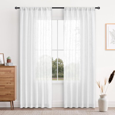2 Panels White Faux Linen Sheer Curtains - Rod Pocket Textured Semi Voile Bedroom and Living Room Window Curtains
