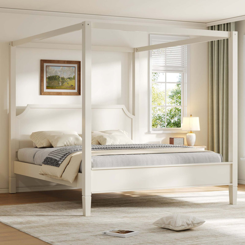 Lit plateforme à baldaquin en bois avec tête de lit intégrée et support robuste, Creamy White