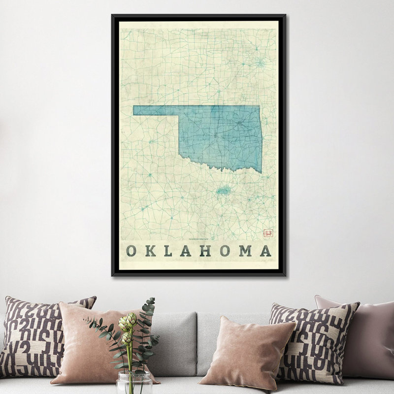 « oklahoma map », impression sur toile, H 60 po x l 40po x P 1,5 po, Toile avec cadre noir, Pas de tapis