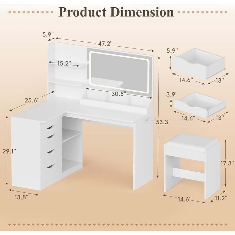 L-Shaped Makeup Vanity Desk With LED Mirror And Lights, Modern Vanity Table With 5 Drawers And Adjustable Shelves, Power Outlet With Fast Charging USB-C, For Bedroom
