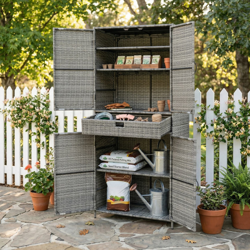 Armoire de rangement d'extérieur en osier de 76,4 po de hauteur avec tiroir, Gris