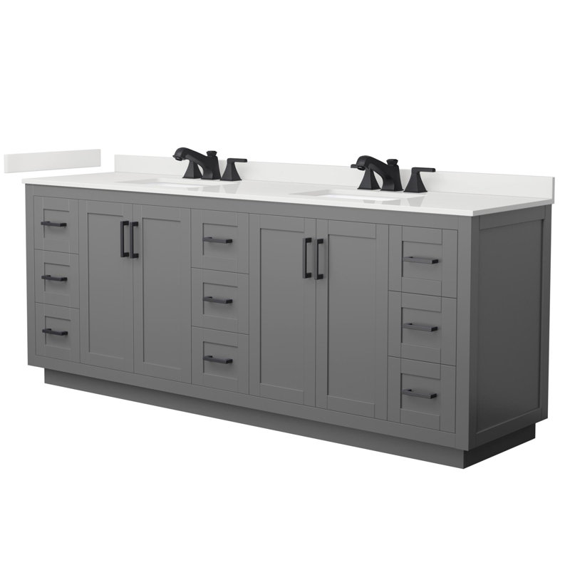 Miranda 84" Freestanding Double Bathroom Vanity with Quartz Top, White Quartz, Dark Gray, Matte Black