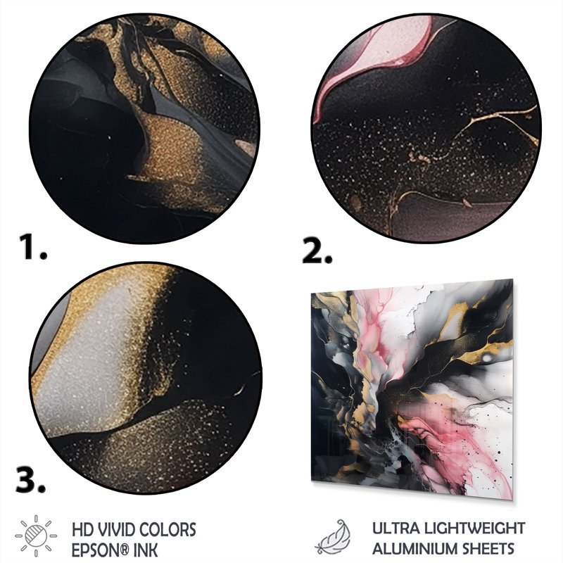 Black Gold Marble Splash III - Abstract Marble Metal Print, 36" H x 36" W x 1" D