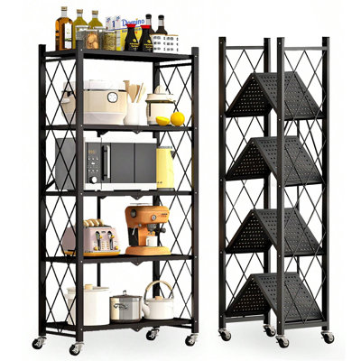  Foldable Storage Shelves 5-tier Metal Rack With Swivel Wheels For Home, Kitchen
