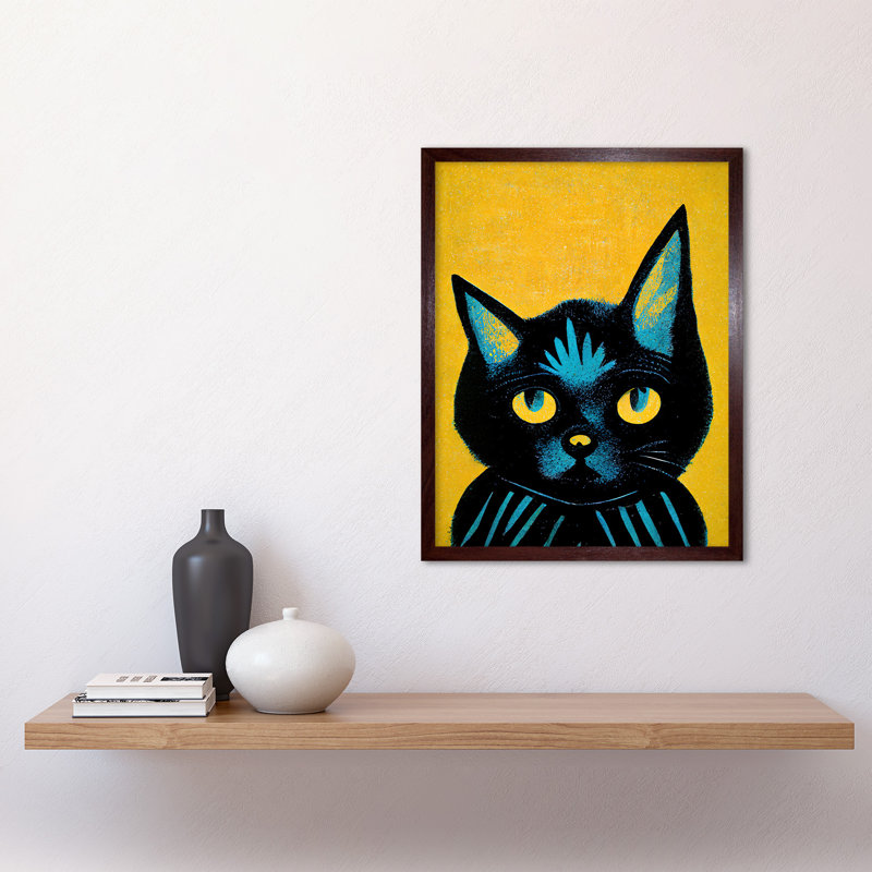 Quirky Bold Black Cat Artwork - Painting, 43cm H x 33cm W, Brown Framed Paper