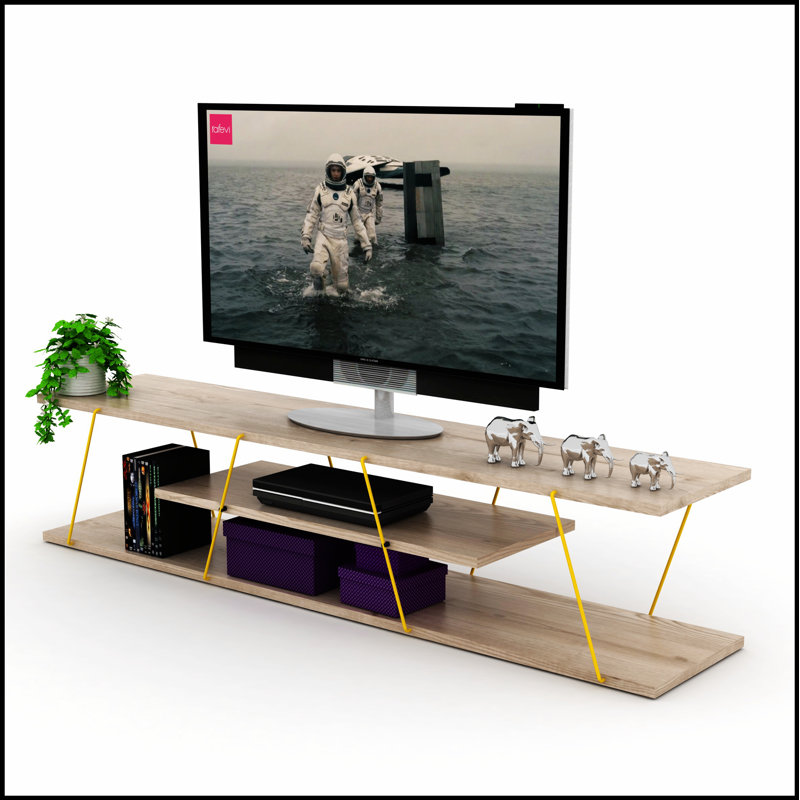 FurnisHome Mid Century Modern TV Stand with 4 Shelves, Open Storage, and Metal Cords, 56 Inch Low Unit in Oak/Yellow, Oak