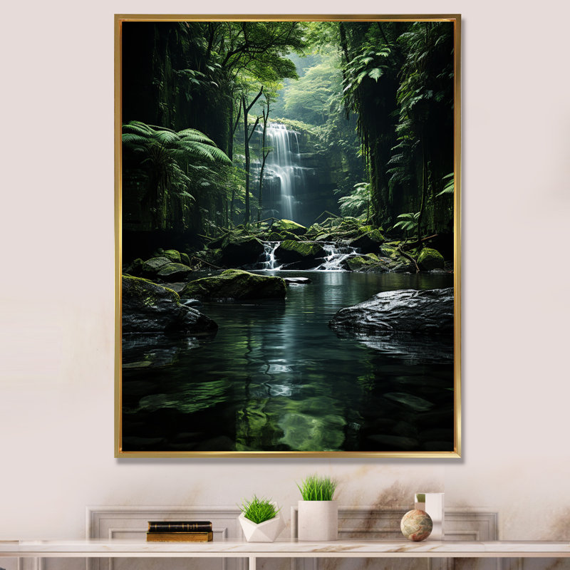 Waterfall Hidden Oasis Forest II, reproduction d'art sur toile, Cadre flottant doré, H 32 po x l 16 po x P 1 po