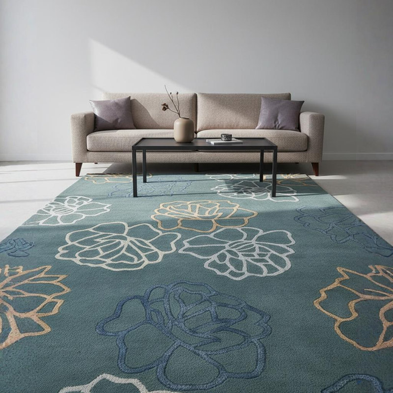 Tapis floral en laine à motif floral touffeté à la main bleu sarcelle clair, bleu ardoise et crème Medford Authentic