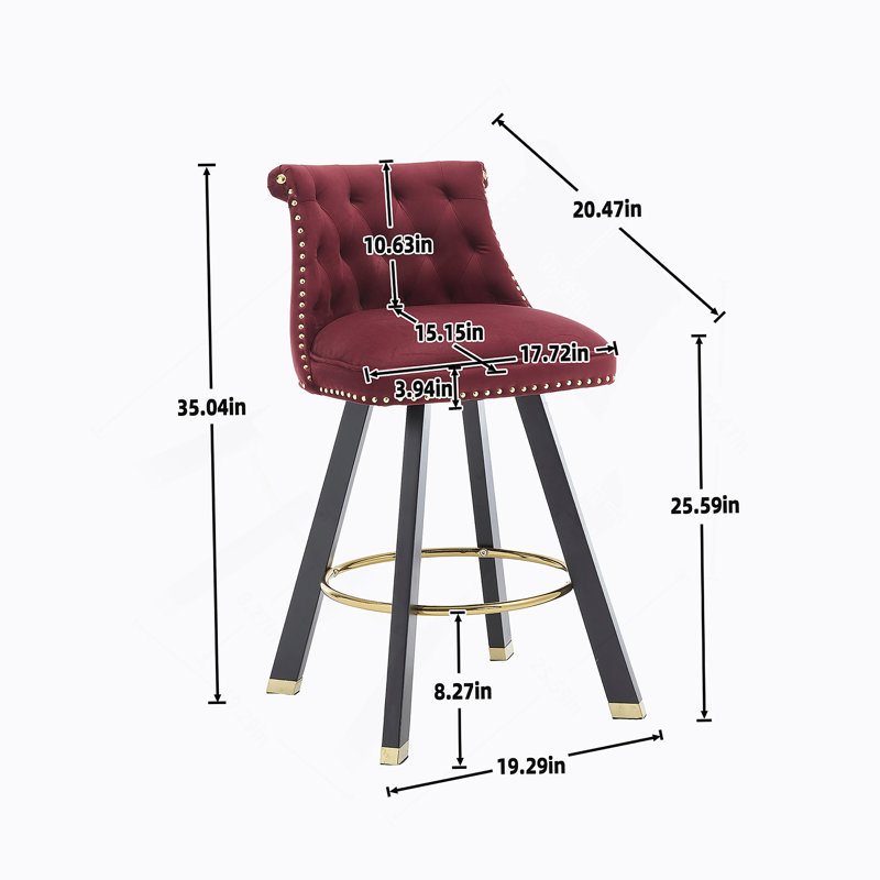 Set of 2,Back pull point design, velvet material, 360 degree rotation, back pull loop detachable design, rivet decoration, square foot wooden bar chair