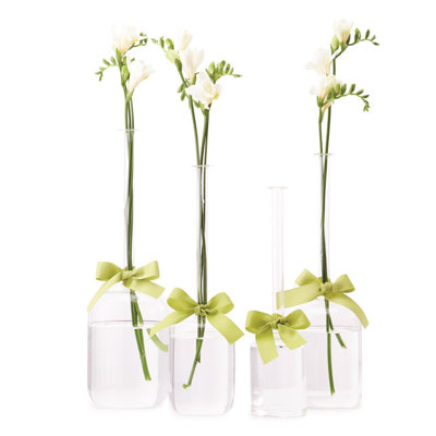 Vase Trio Set of 4 With Teardrop Round and Jug Shapes 15" H With Sage Green Ribbon Sleek And Chic