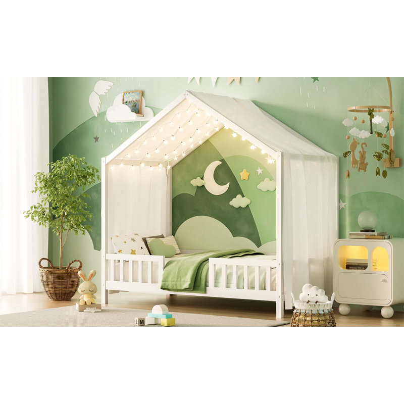 House-Shaped Wooden Kids Bed With Canopy And High Railings, Twin Size, White, Ideal For Safe And Stylish Sleep, Twin, White