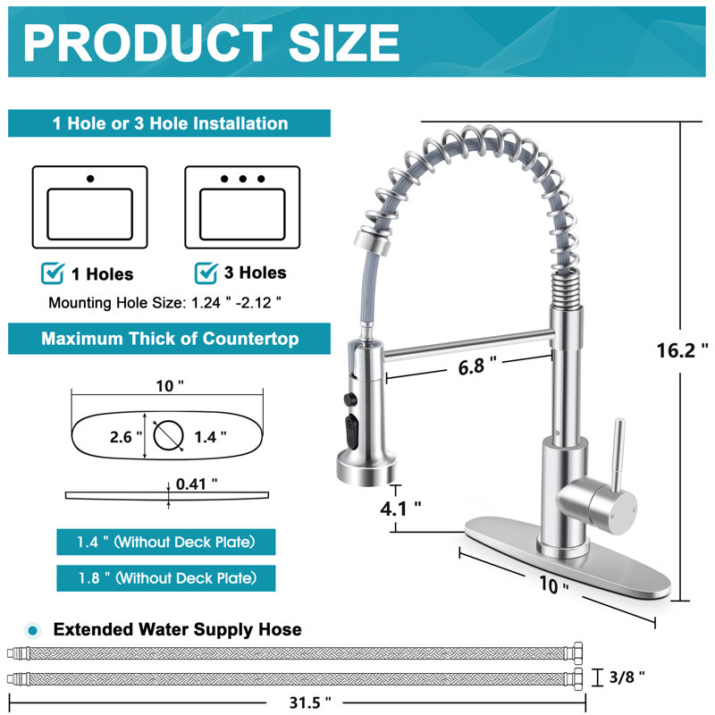 Wilmall Kitchen Faucet with Pull Down Sprayer & Deck Plate, Commercial Single-Handle Spring Sink Faucet for Laundry, RV, Wet Bar, Farmhouse